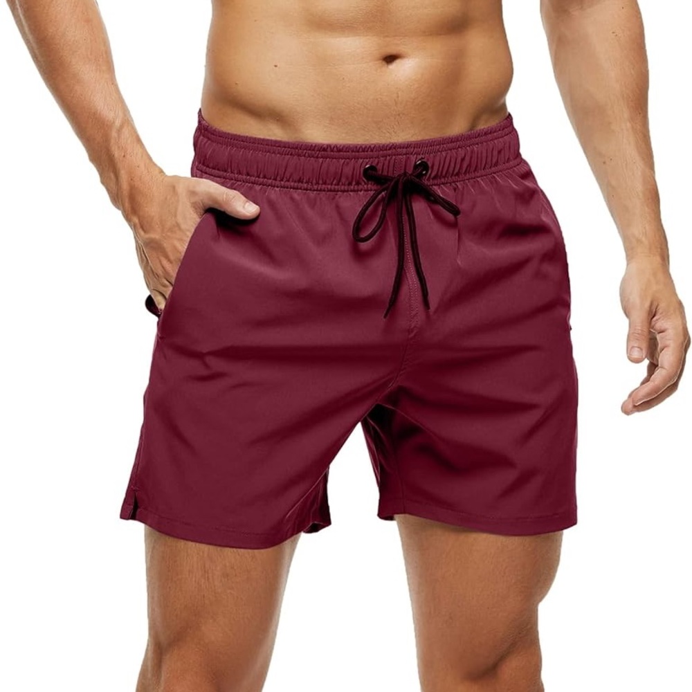 (B47) Blaosn swim shorts in mid length in Color: Burgundy, Size Large